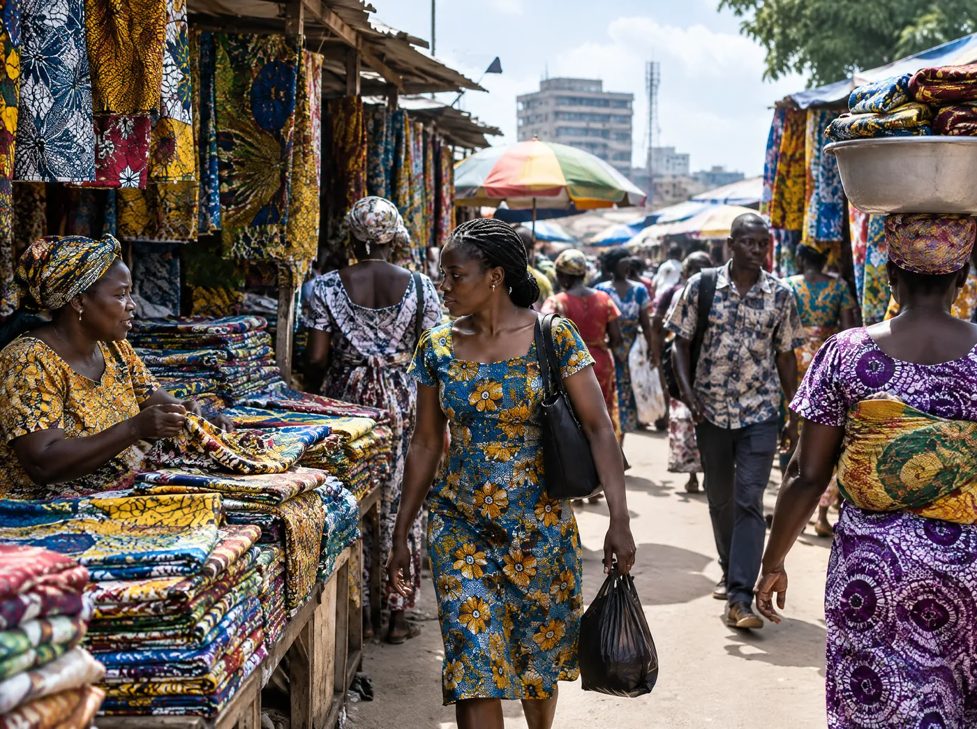Shoppers walk past stalls of colourful wax-print fabric at a market in Accra