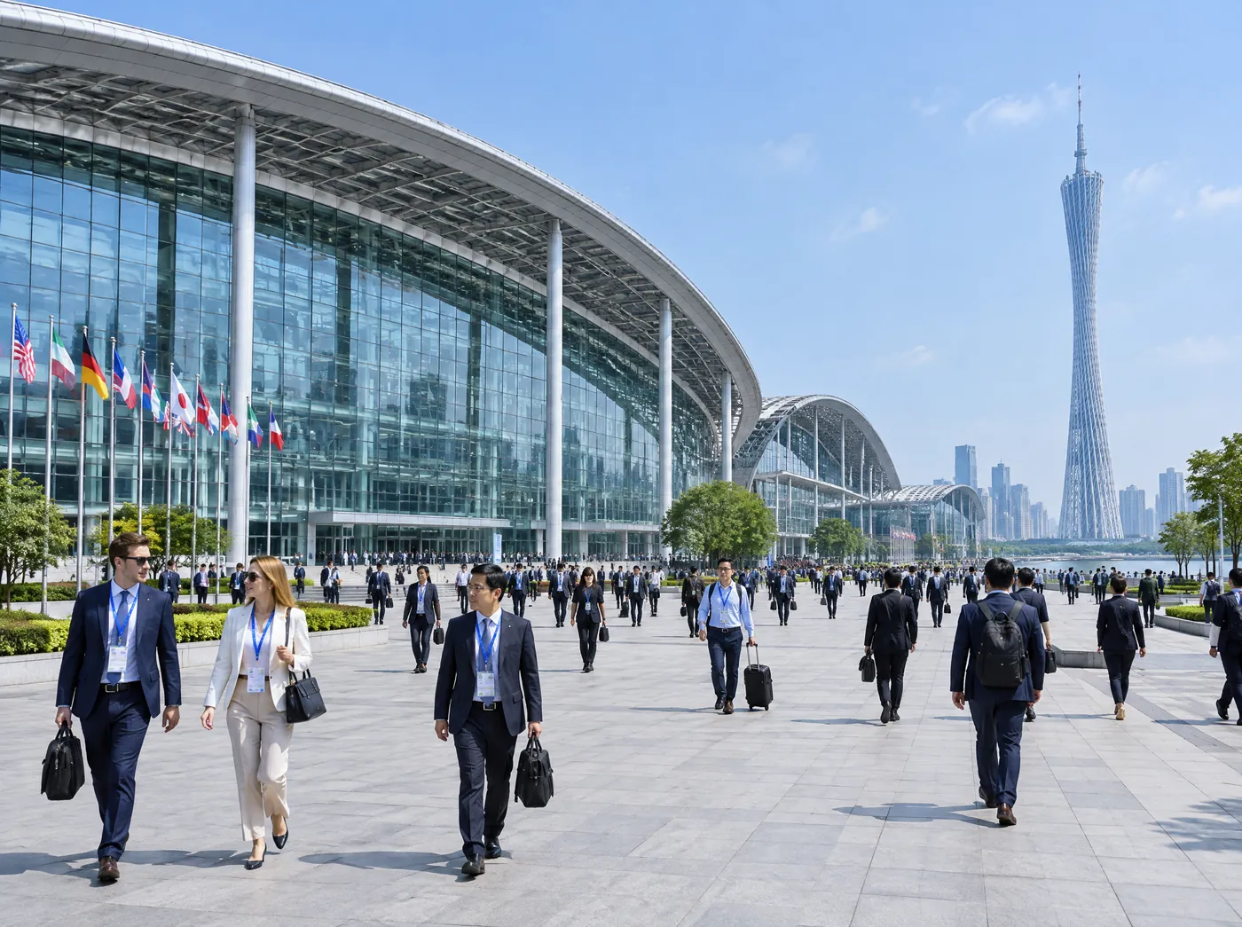 Business visitors crossing the plaza of a large exhibition centre in Guangzhou