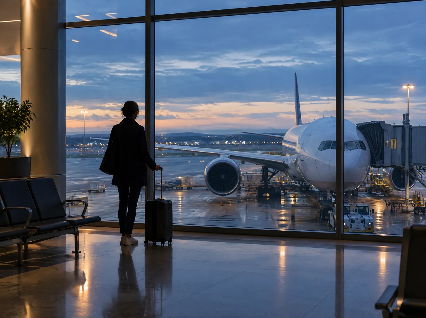 A traveller with a suitcase looks out at a plane from an airport departure lounge