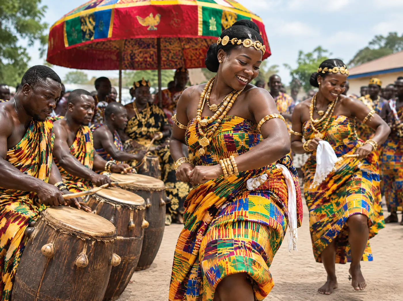 Drummers and dancers in kente cloth at a traditional welcome ceremony