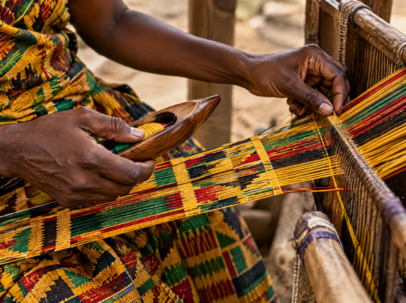 Hands weaving gold, green and red kente cloth on a wooden loom