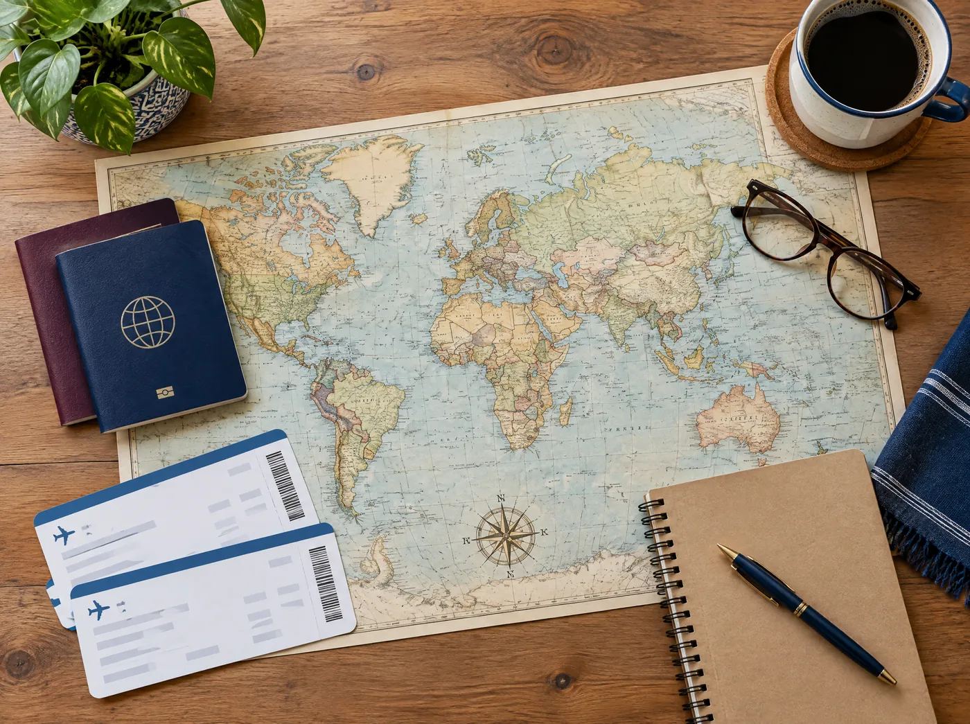 A world map, passports and boarding passes laid out on a desk
